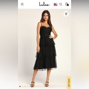 Lulus black mesh overlay polka dot tiered sweetheart tie strap maxi/midi medium